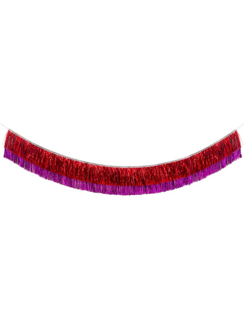 Full length look of Meri Meri 6-feet-Red and Pink Tinsel Fringe Garland. This gorgeous red and pink tinsel garland is perfect to add style and shimmer in seconds. It'll look great at any party or celebration where you want a touch of sparkle. Perfect for your Valentine's/Galentine's Day or princess themed party!