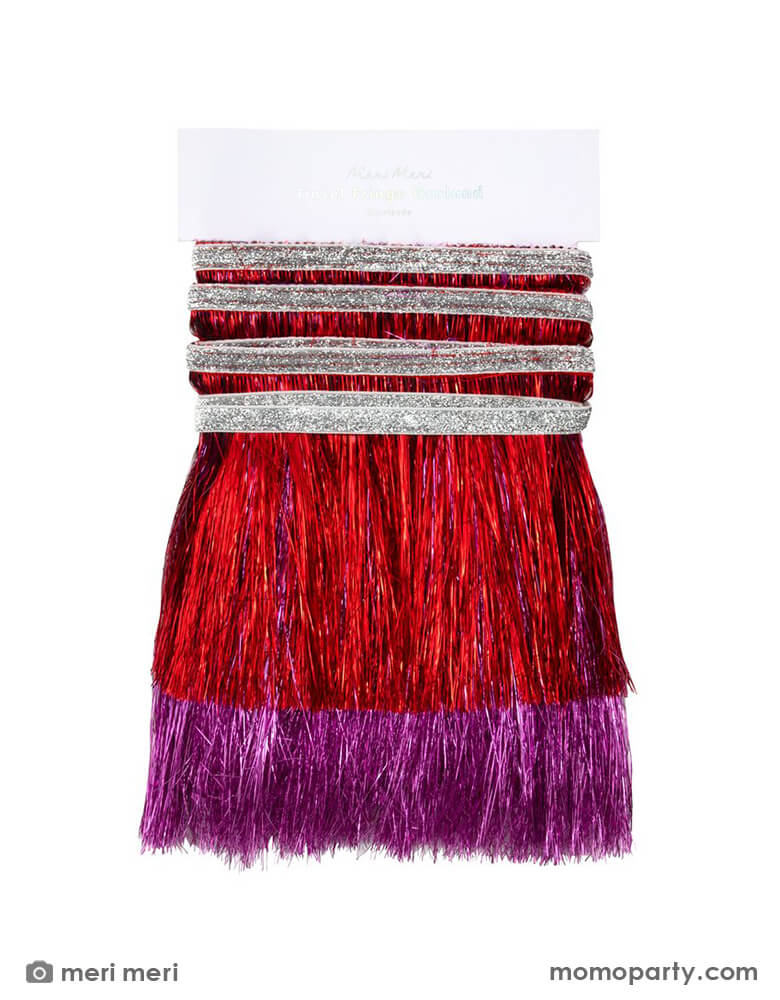 Meri Meri 6-feet-Red and Pink Tinsel Fringe Garland folded package look. This gorgeous red and pink tinsel garland is perfect to add style and shimmer in seconds. It'll look great at any party or celebration where you want a touch of sparkle. Perfect for your Valentine's/Galentine's Day or princess themed party!