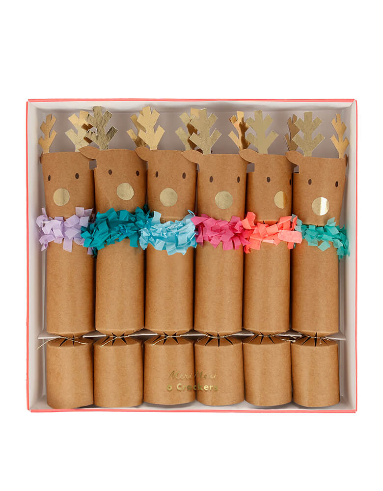 Meri Meri 209242 Reindeer Fringe Crackers. Featuring a reindeer design with gold foil details and rainbow color fringe. This adorable reindeer crackers with fringes are prefect for the Holiday season.