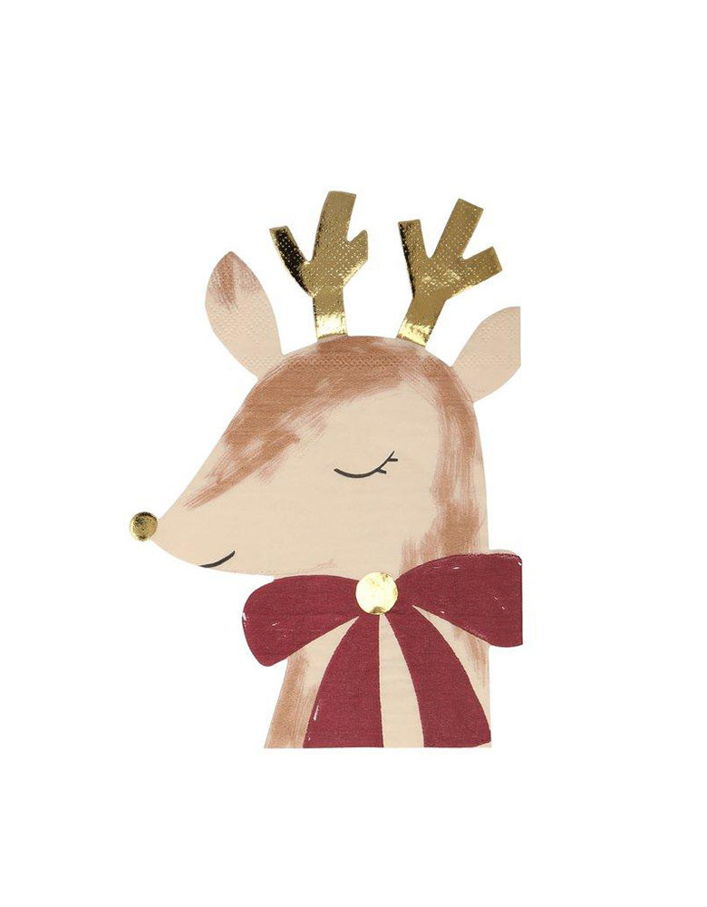 Meri Meri Die-cut Reindeer with Bow Napkins with lots of gorgeous gold foil detail and are printed on both sides for extra effect, perfect for a Christmas celebration