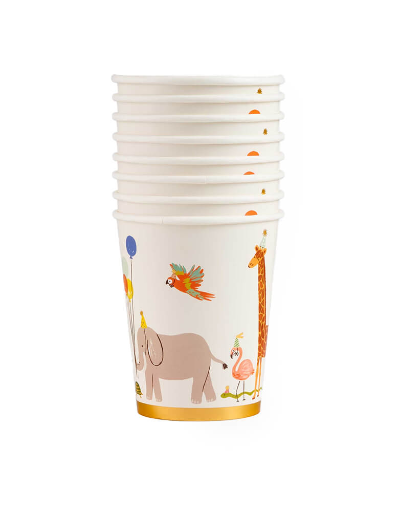 Rifle Paper Co - Party Animals Cups. Featuring a parade of adorable animals march around the paper cups with balloons, presents, and gold foil accents, they add extra fun to your celebration! 