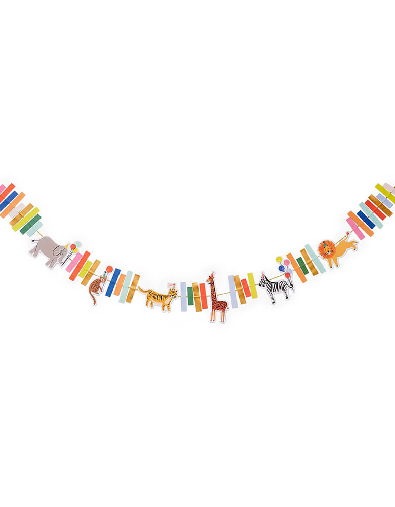 Rifle-Paper-Co Party Animals Garland. 8 feet long. This adorable garland features animal friends including an elephant, a monkey, a tiger, a giraffe, a zebra and a lion with lots of right colors. Its bright colors add a festive touch to your celebration!