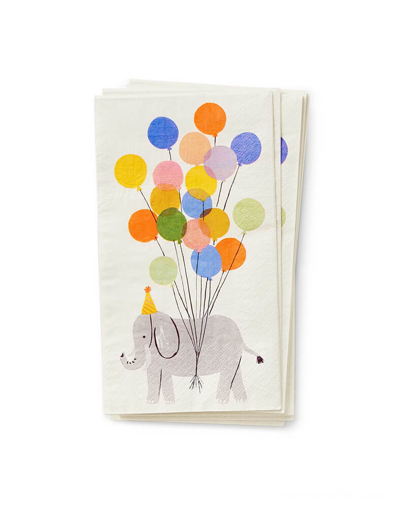 Rifle Paper Co - Party Animals Guest Napkins. This duble-sided guest napkins featuring party animals elephant with party hat and festive balloons design, will bring an extra dose of fun to your party table.