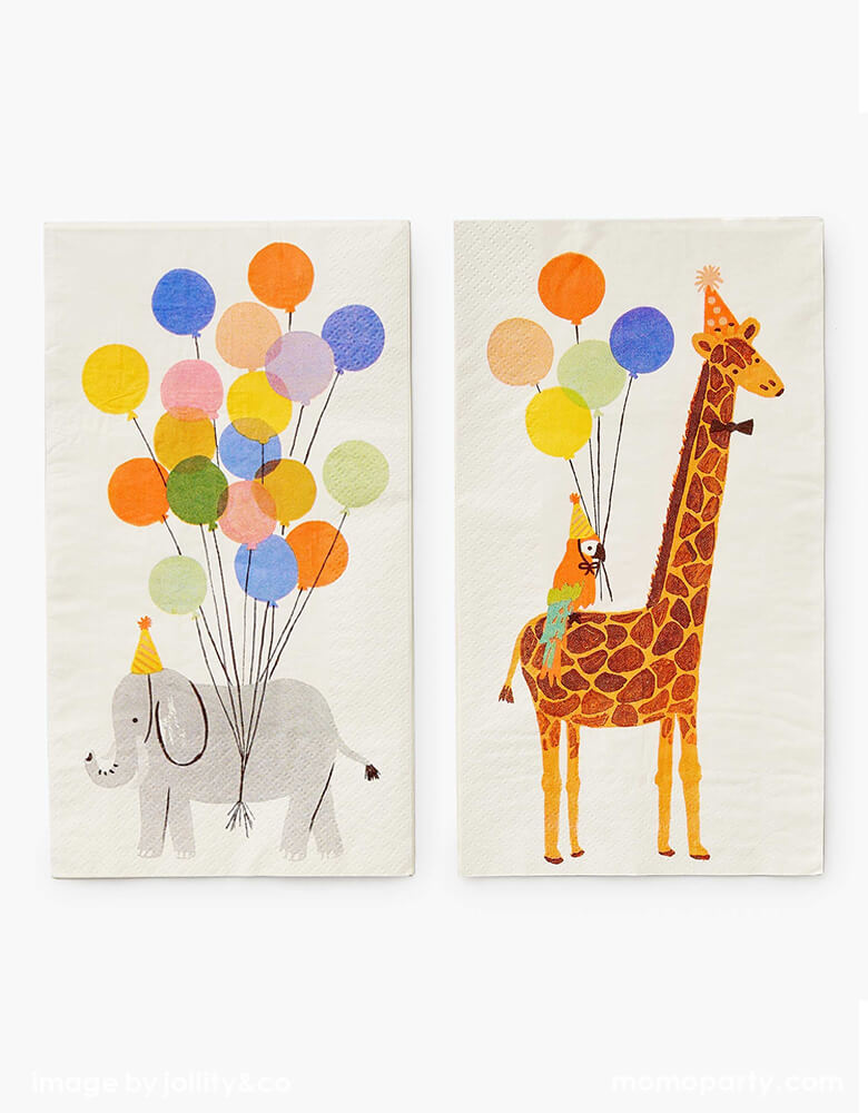 Rifle Paper Co - Party Animals Guest Napkins. Featuring double-sided illustration design of party animals elephant with party hat and festive balloons, a giraffe carrying parrot wearing party hats and lots of balloons. These modern cute partyware will bring an extra dose of fun to your party table, 1st birthday party, party animal themed party, zoo themed party, get wild party, safari animal themed party, kids birthday, or any animal lovers party