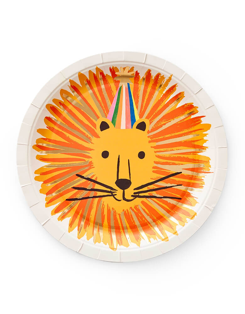 Rifle Paper Co - Party Animals Large Plates. Pack of 10. Featuring a bright colored full face happy lion design with party hat. Celebrate with the king of the forest on these festive party plates that feature gold foil accents. They're perfect for your "Wild One" or "Two Wild" themed birthday celebration!
