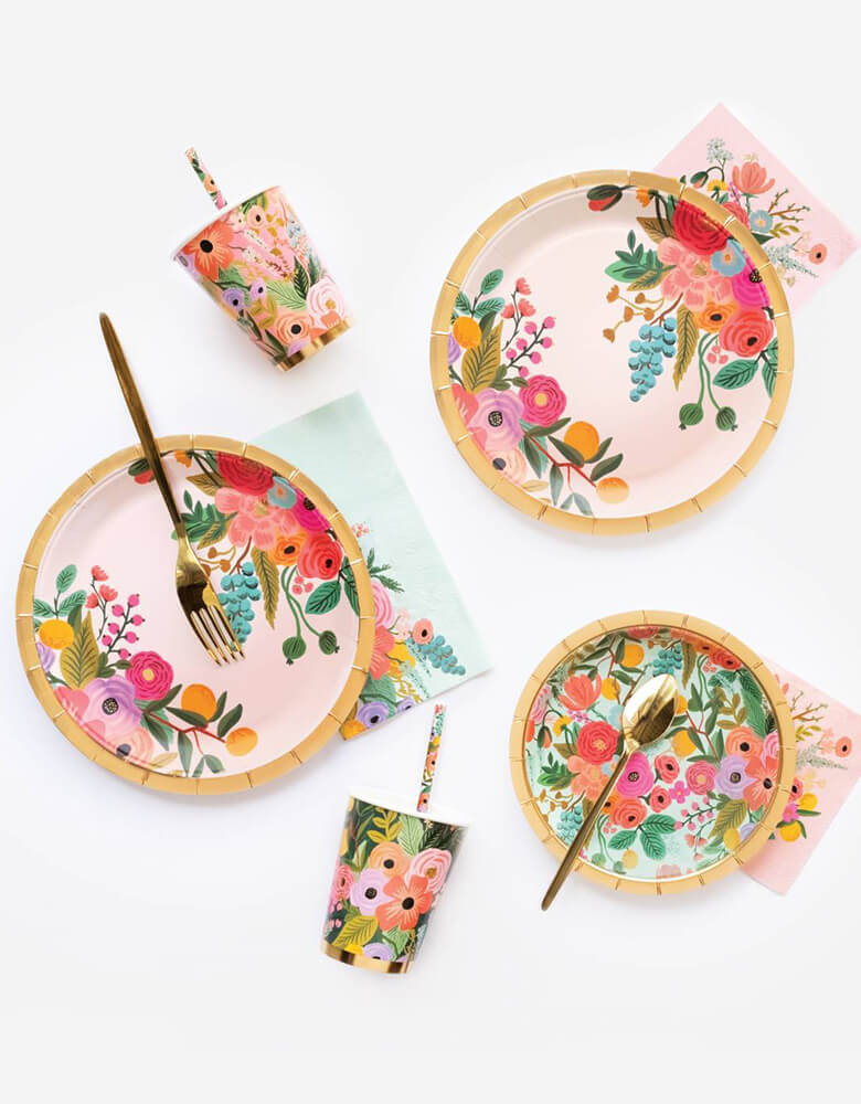 Rifle-Paper_Garden-Party-Goods with flower plates, cups napkins and straws