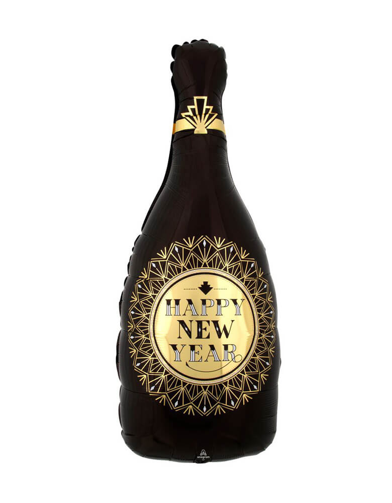 Momo Party's 36" Roaring Twenties New Year Bottle Shaped Foil Balloon by Anagram Balloons in black and gold glamorous colors, perfect for a New Year's Eve celebration for new year countdown party!