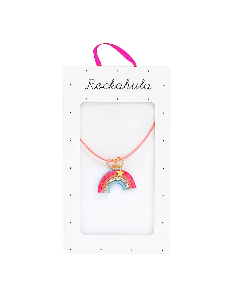 Rockahula Kids - Rainbow Bright Necklace. Bright and beautiful, this necklace features our cheerful glitter rainbow and tiny gold star on a pretty coral cord. Sell in the package with pink ribbon handle, this rainbow Pendant Necklace Jewelry is perfect gift for Girls, Rainbow Lover, Birthday gift, Gifts for Daughter, easter basket gift, back to school gift or stocking stuffer gift