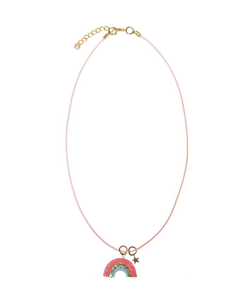 Rockahula Rainbow Bright Necklace. features our cheerful glitter rainbow and tiny gold star on a pretty coral cord. With a lobster clasp fastening and extender chain to ensure the perfect fit. beautiful gift for your little one's birthday party, birthday gift, everyday wearing, necklace for kid, easter basket filler, rainbow lover, gift for little girl