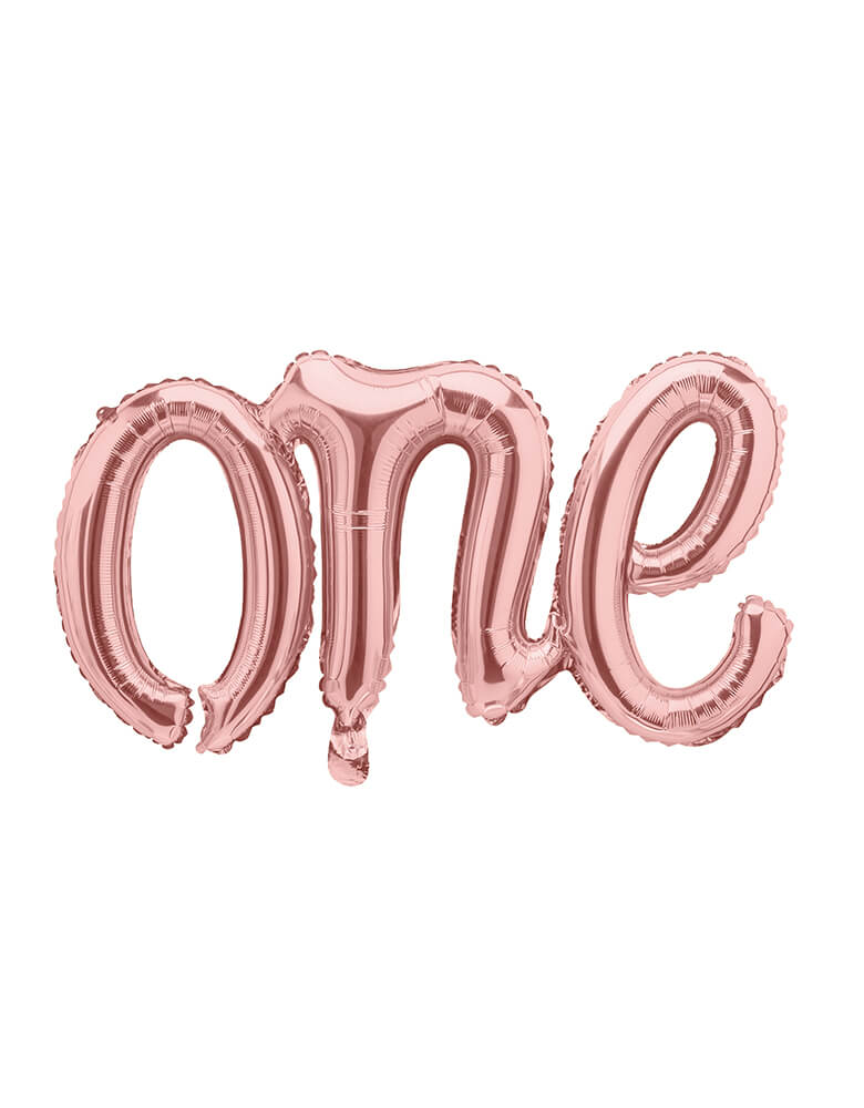 Rose Gold One Script Foil Balloon by Party Deco, featuring 26 x 14.5 inches "one" foil balloon in script font