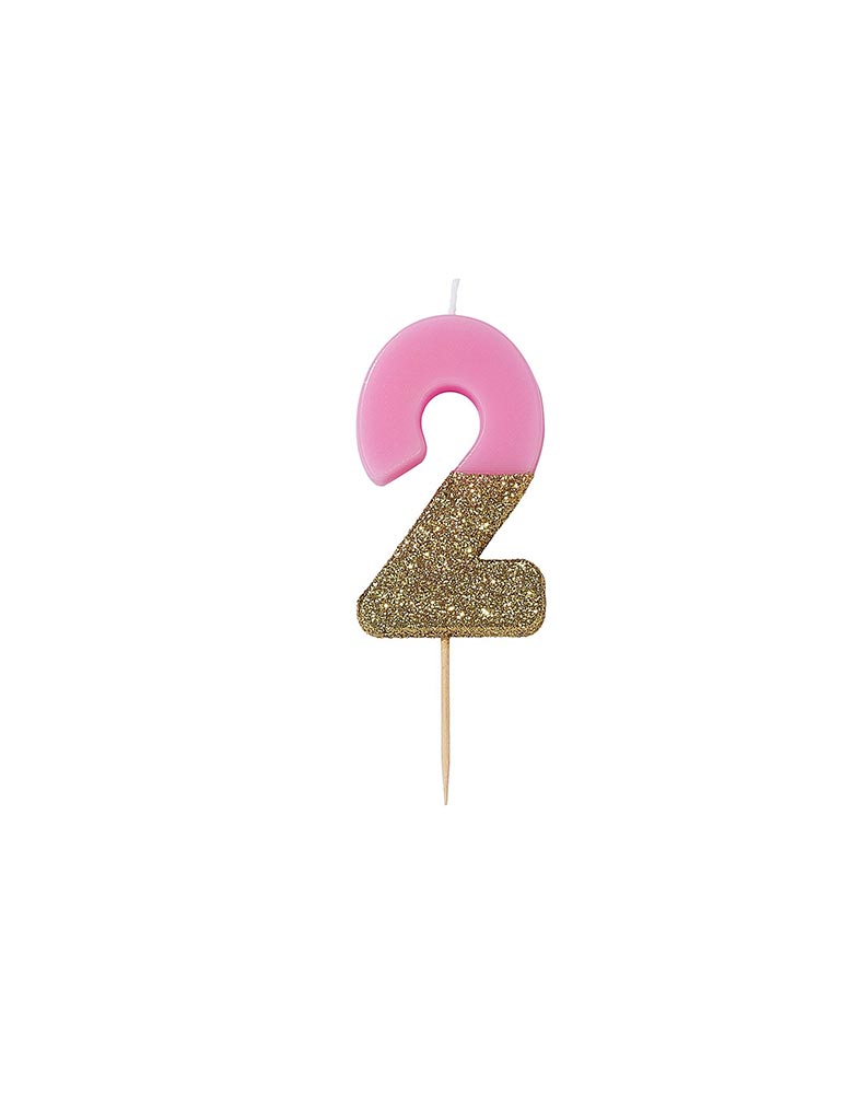 Talking Tables We Heart Birthdays Glitter Candle_Number 2 in Pink and Gold Glitter