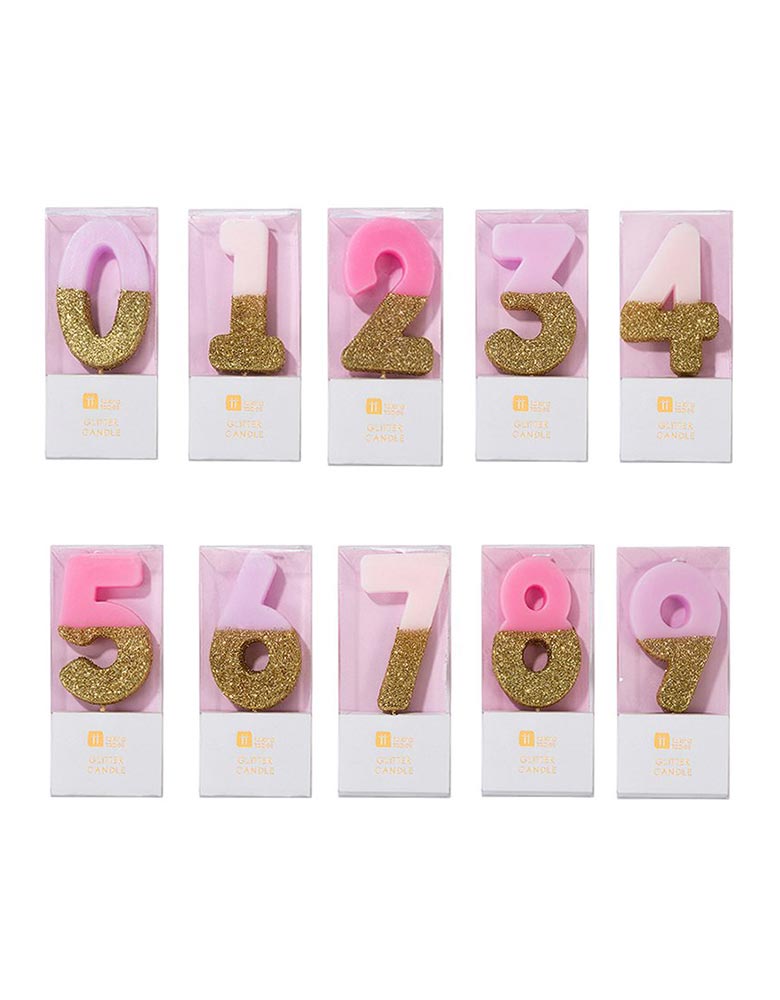 Talking Tables We Heart Birthday Pink Glitter Candle set with Number 0,1,2,3,4,5,6,7,8,9, candles in transparent box packaging
