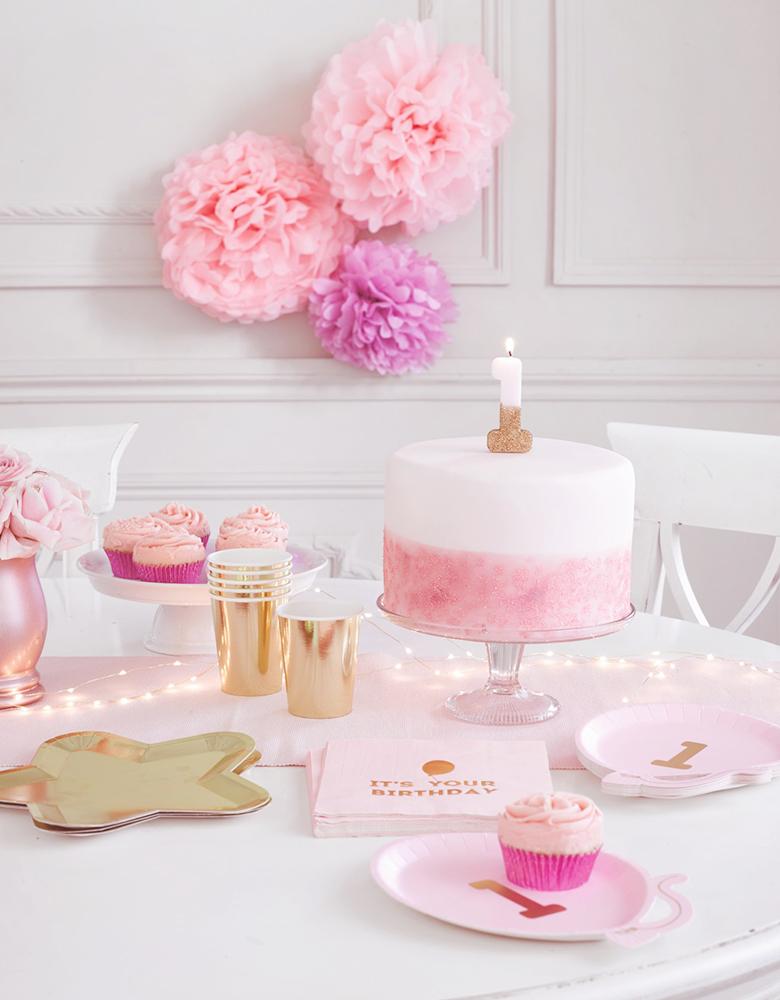 Talking Tables We Heart Birthdays Glitter Candle_Number 1 in Pink and Gold Glitter on a pink cake for a girl's 1 st birthday party