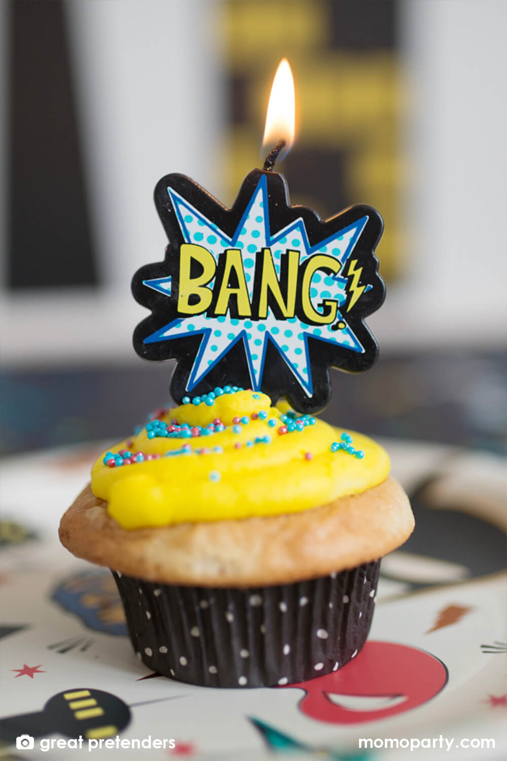 Superhero Candles by Great Pretenders. The comic action bubbles shaped with "Bang" text wax candle on a Cupcake. Celebrating a superhero themed birthday party, or father's day celebration
