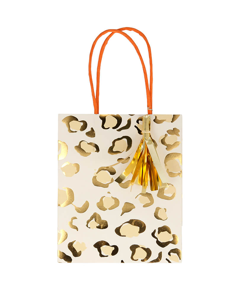 Meri Meri Safari Animal Print Party Bag in Leopard Print. Feature Neon print design with a twisted paper handle and shiny gold foil tassels