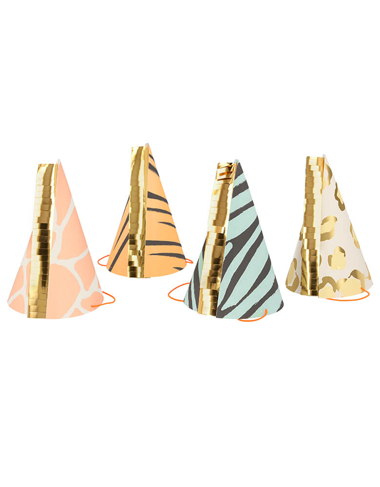 Meri Meri Safari Animal Print Party Hats. Set of 8.  Featuring zebra, giraffe, tiger, and leopard print designs with gorgeous gold foil details and gold foil fringing. make your guests look amazing and fun at your jungle baby shower, jungle-themed party, wild one's birthday party or safari themed birthday party.