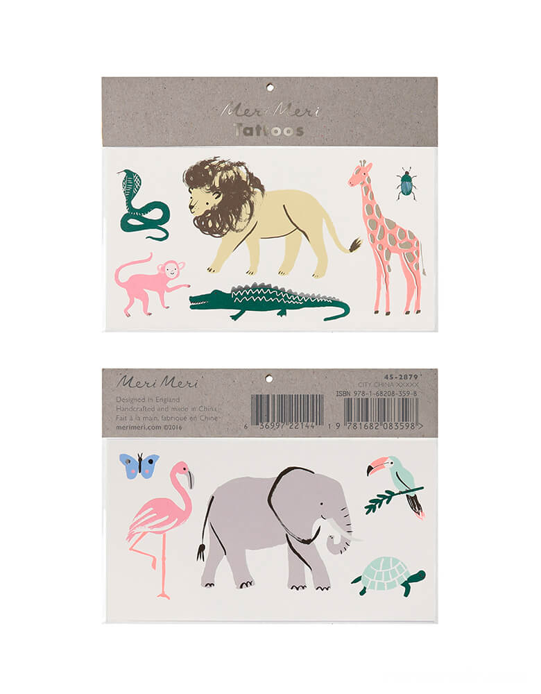 Meri Meri Safari Trek Large Tattoos. Package contains 2 sheets temporary tattoos. Featuring lots of fabulous safari animals and insects in bright colors with shimmering silver foil detail. Ideal for a safari-themed party, rainy day or sleepover.