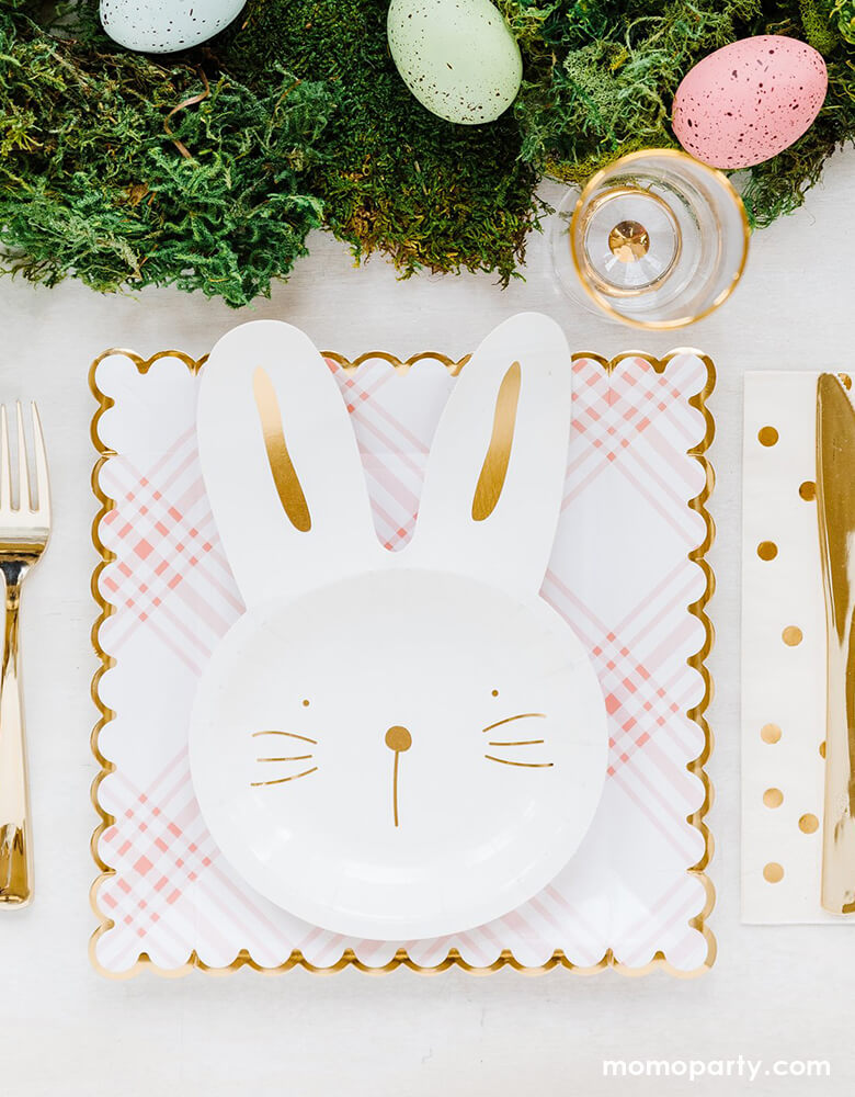 my mind's eye Bunny Plates stack on top of My Mind's eye Scalloped Gingham Plates, which Designed with a stylish gingham pattern in pink with gold accent with easter eggs as centerpiece for a cute easter party