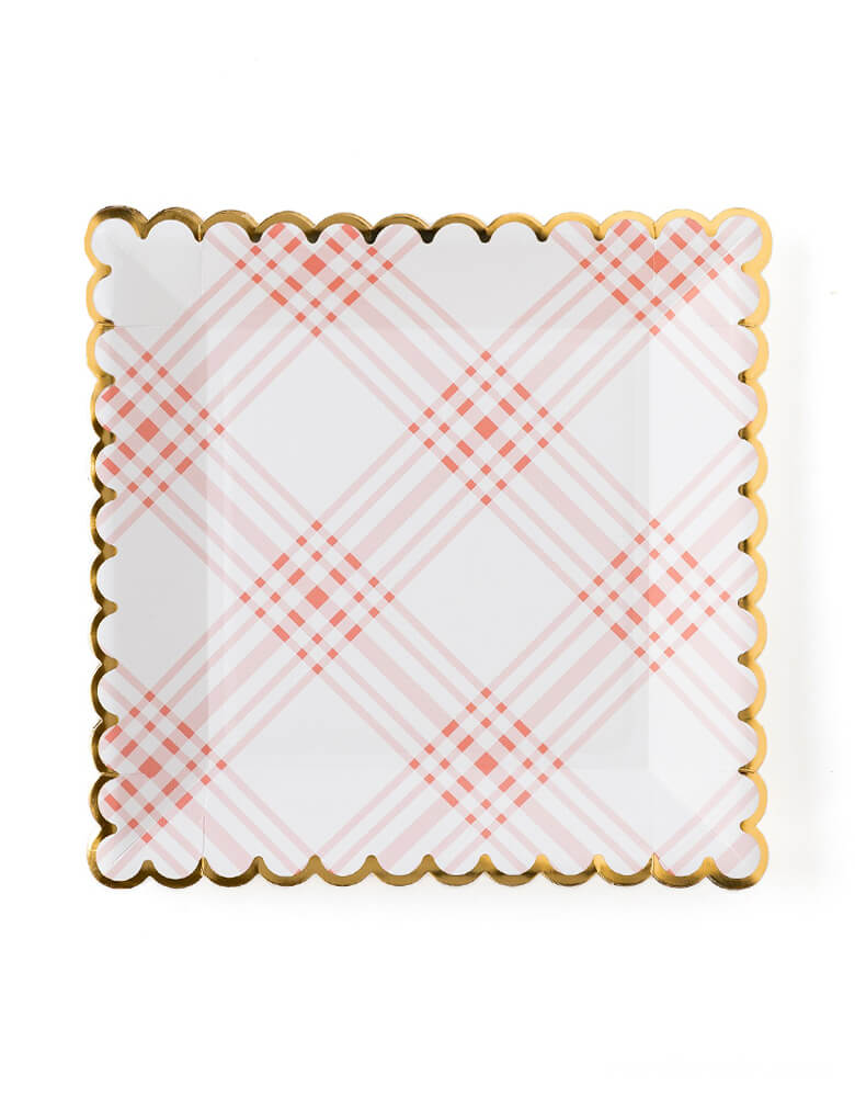 my mind's eye 9 inches Scalloped Gingham Plates. Pack of 12. Designed with a stylish gingham pattern in pink with gold accent, these scalloped plates will make a statement at any birthday, tea party, or Easter brunch!  