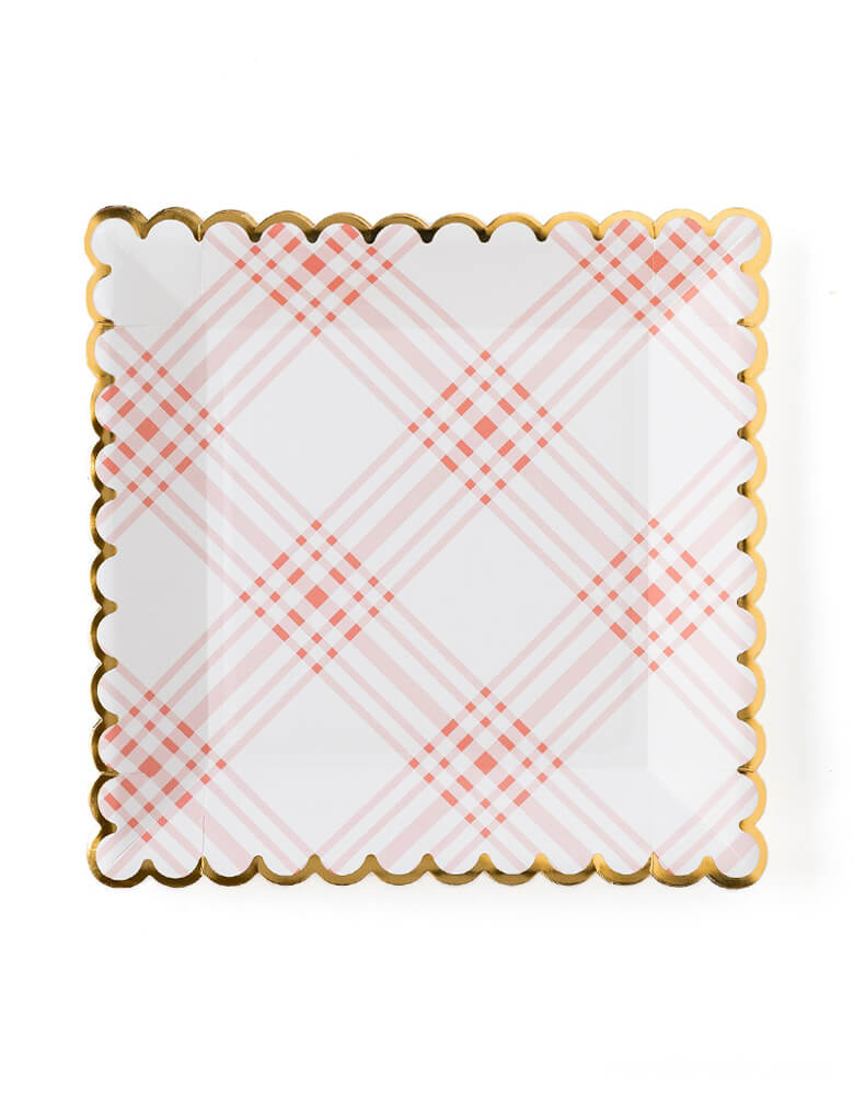 my mind's eye 9 inches Scalloped Gingham Plates. Pack of 12. Designed with a stylish gingham pattern in pink with gold accent, these scalloped plates will make a statement at any birthday, tea party, or Easter brunch!
