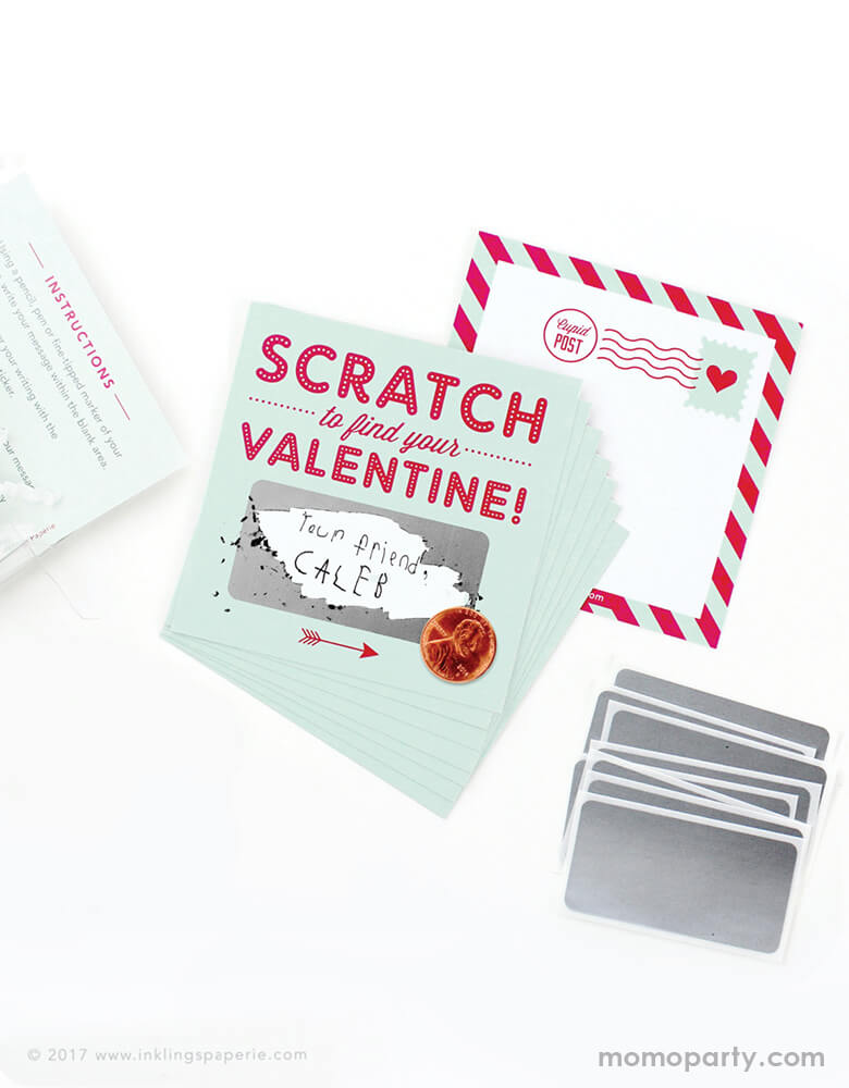 inklings Paperie Scratch-off-Valentines-Card in Mint color, Set of 8, includes 8 flat cards and 8 stickers and instructions. Simply write your own special handwritten message in the blank area, cover it with the scratch-off sticker provided, and scratch to reveal your valentine. They're perfect for Valentine's card exchange for the little ones, Valentine's day activities, galentine's day gift