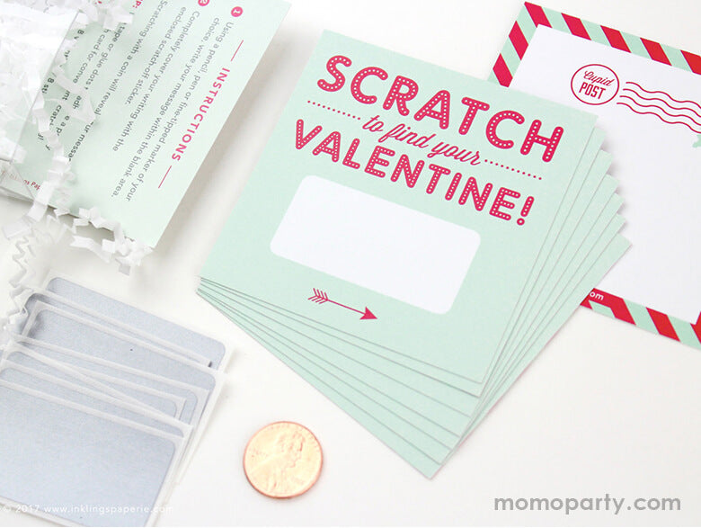 inklings Paperie Scratch-off-Valentines-Card Sets in Mint color, Each Set of 8, includes 8 flat cards and 8 stickers and instructions. Simply write your own special handwritten message in the blank area, cover it with the scratch-off sticker provided, and scratch to reveal your valentine. They're perfect for Valentine's card exchange for the little ones, Valentine's day activities, galentine's day gift