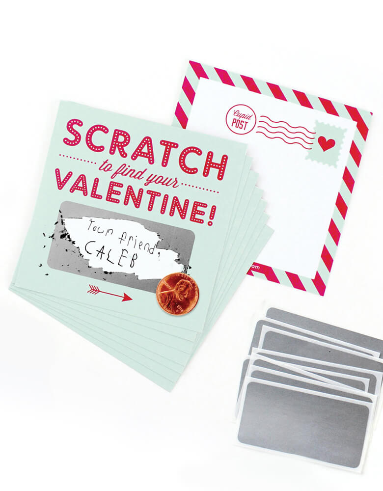 inklings Paperie Scratch-off-Valentines-Card in Mint color, Set of 8, includes 8 flat cards and 8 stickers. Simply write your own special handwritten message in the blank area, cover it with the scratch-off sticker provided, and scratch to reveal your valentine. They're perfect for Valentine's card exchange for the little ones, Valentine's day activities, galentine's day gift