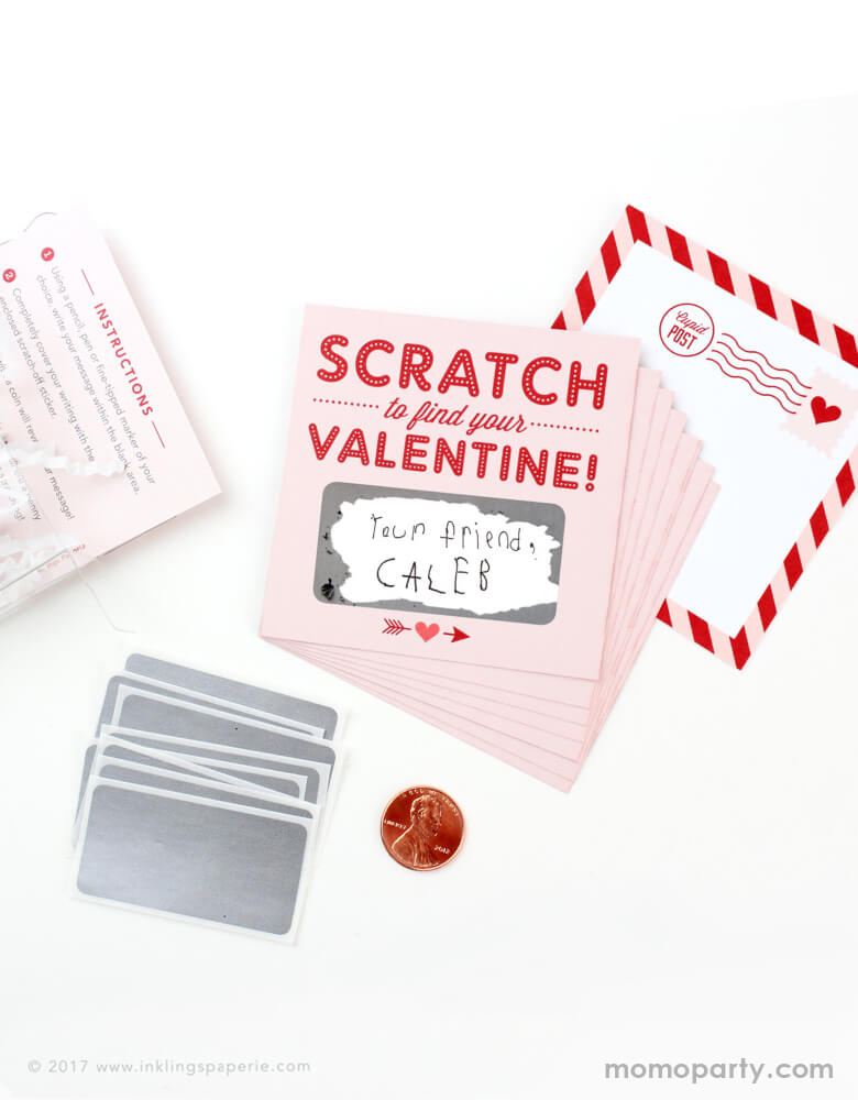 inklings Paperie Scratch-off-Valentines-Card in Pink color, Set of 8, includes 8 flat cards and 8 stickers and instructions. Simply write your own special handwritten message in the blank area, cover it with the scratch-off sticker provided, and scratch to reveal your valentine. These special unique personal valentine cards are perfect for Valentine's card exchange for the little