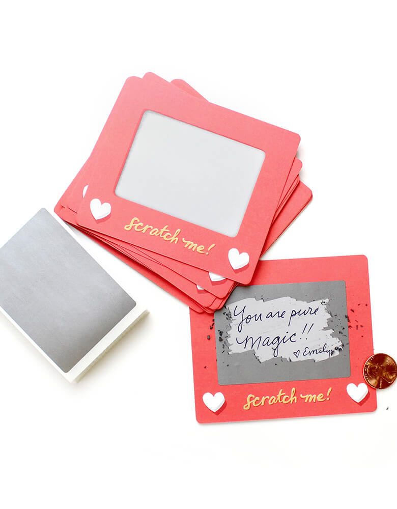 Inklings Paperie® - Scratch A Sketch Valentines card. Hide your message in a scratch-off with this set of 6 scratch-off notes by Inklings Paperie! Using any pen or pencil, write your message in the designated area, cover it with a silver scratch-off sticker provided, and scratch to reveal your hidden message! These tiny notes are the perfect size to slip into a lunch box or pocket of someone special.