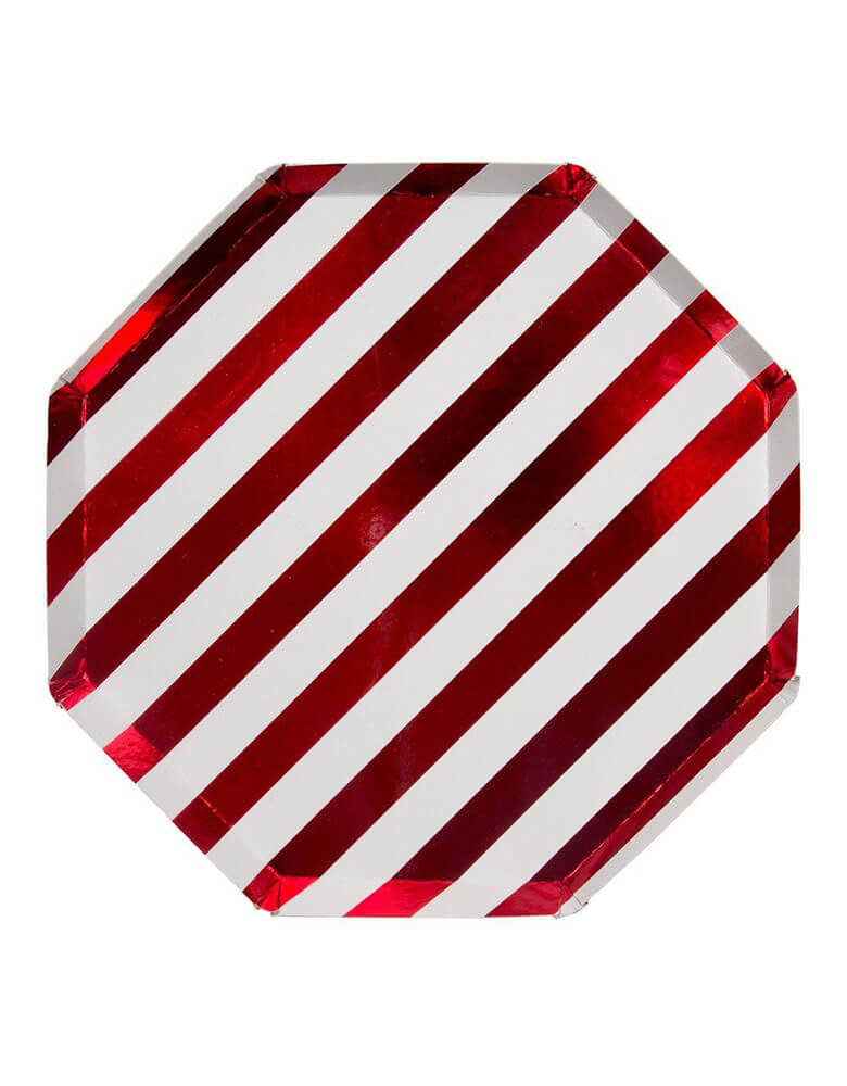 Meri Meri Shiny Red Stripe Dinner Plates 10.25 featuring shiny red foil stripes, printed on both sides