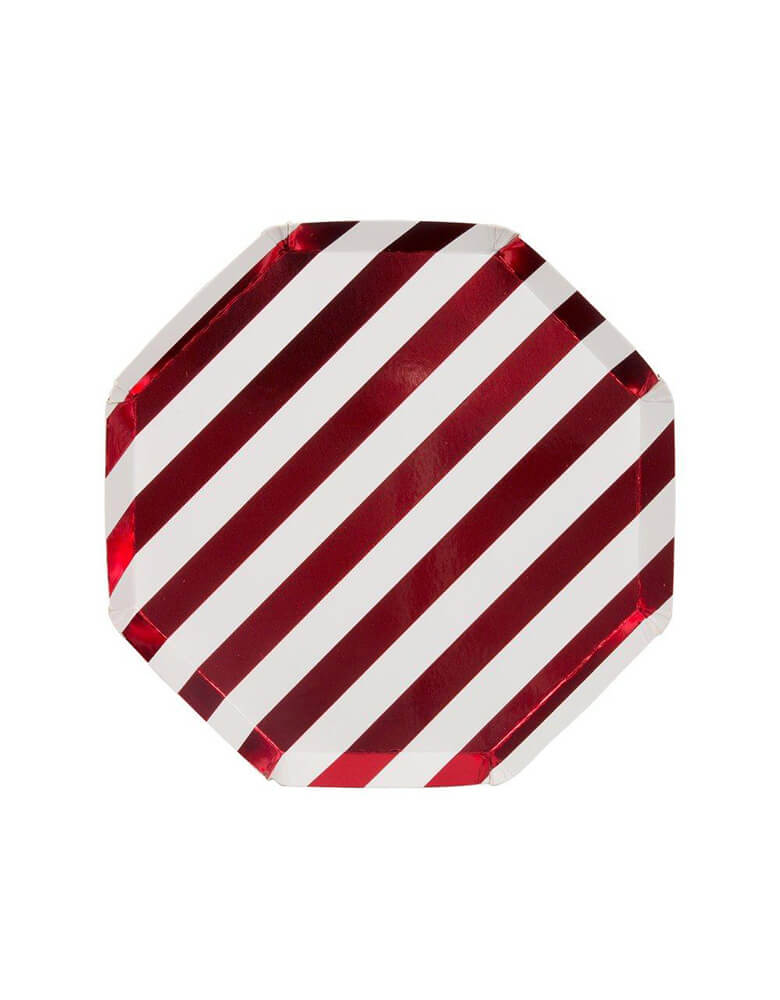 Meri Meri Shiny Red Stripe side Plates 8.25 featuring shiny red foil stripes, printed on both sides