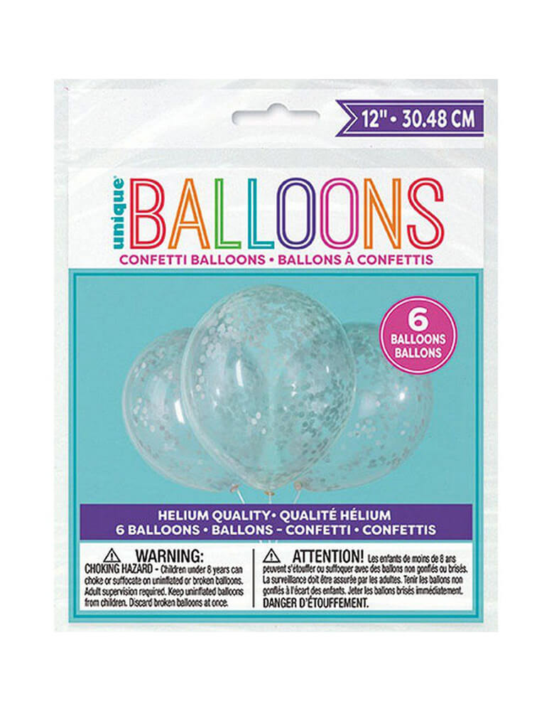 Unique Industries Balloons - Pack of 6 in a clear package, 12 inches Clear Latex balloon with Silver Confetti for a graduation party, or New Year Eve celebration. Mix with themed foil balloons or solid color latex balloon for a modern party decoration