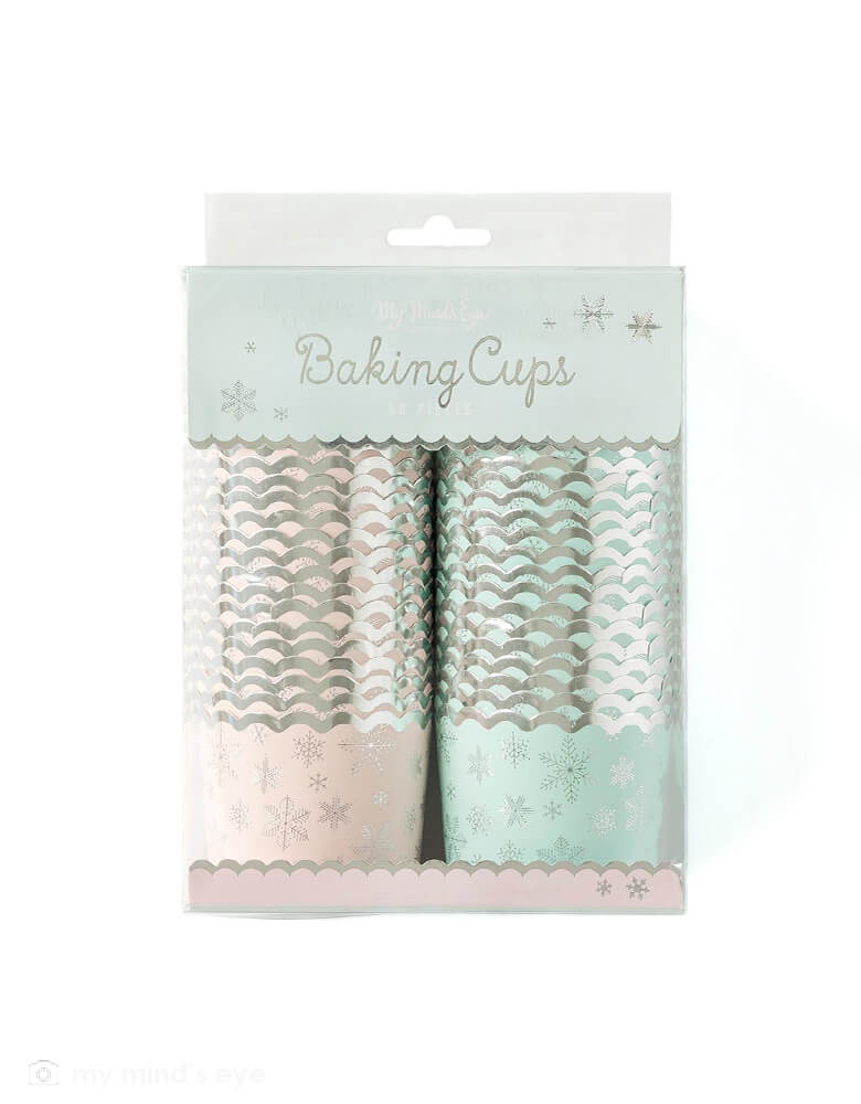 My Minds Eye - Silver Foil Cold Outside Food Cups. Featuring 2 designs with silver snowflakes on a pink and mint food cups with silver foil edge. These baking cups are perfect for baking cupcakes right in the oven. But don't limit yourself, there are so many great uses for them: add candy and wrap in cellophane for a holiday neighbor gift or party favor, cut up veggies and add dip for the perfect hors d'oeuvres at a party, bake mini quiche, or fill with fun snacks!