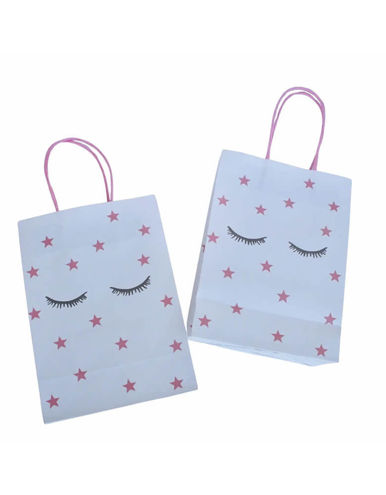 Momo Party's 8.2 x 5.9 x 3.15 inches sleepover party bags with sleepy eyes and pink star designs by Pooka Party, comes in set of 8, they're perfect for girl's sleepover party or a slumber party!