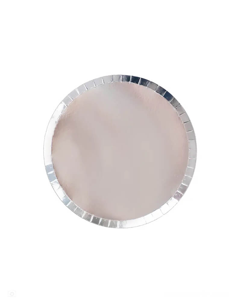Momo Party's 8x8x0.1" silver dessert plates by Jollity Co. Come in a set of 8 plates, they feature delicate low profile rim with a flat base, it’s simply modern and chic. Mix and match or monochromatic, the possibilities are endless!
