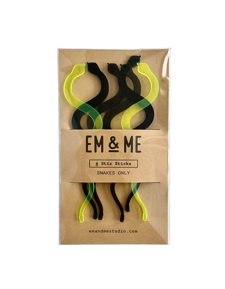 EM & ME - Snake Stir Sticks - Variety Pack (Set of 6). Featuring acrylic sticks of snake shapes in black and fluorescence green, these spooky snake sticks are ideal for drink stir or cake toppers. They're made with acrylic plastic and are reusable.
