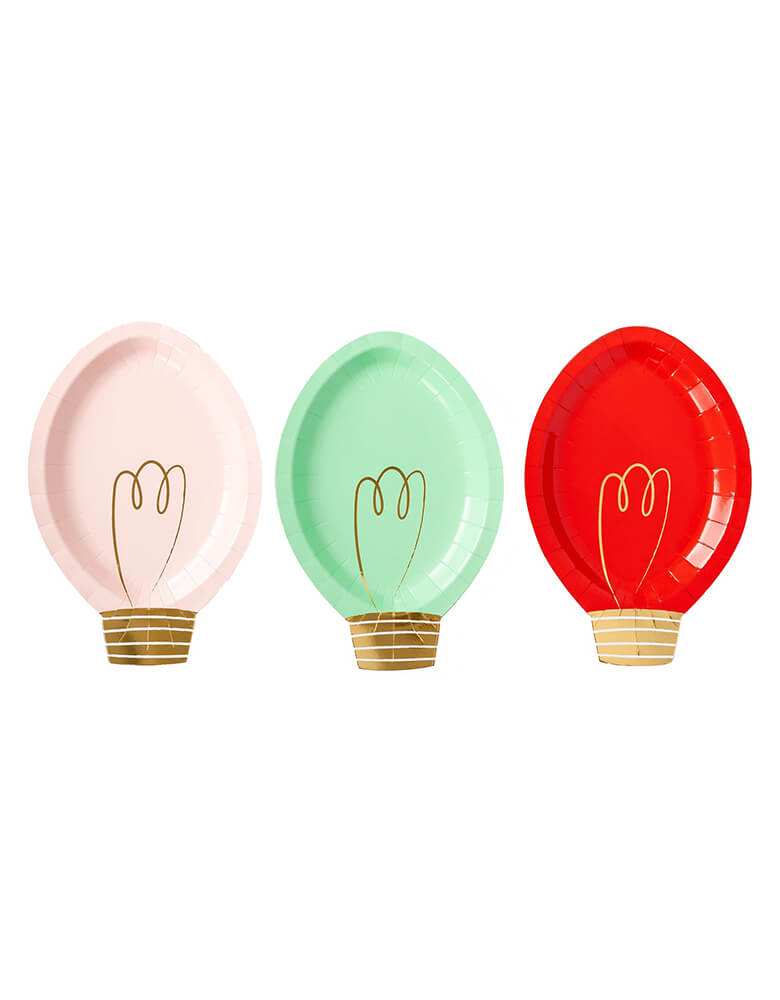 Snow Fun Christmas Bulb Shaped Plates by My Mind's Eye. Featuring 3 brightly colored Christmas plates shaped like merry Christmas lights accented by glittering gold foil. These fun shaped plates with whimsical Christmas colors are the perfect addition to your Holiday gatherings this year!
