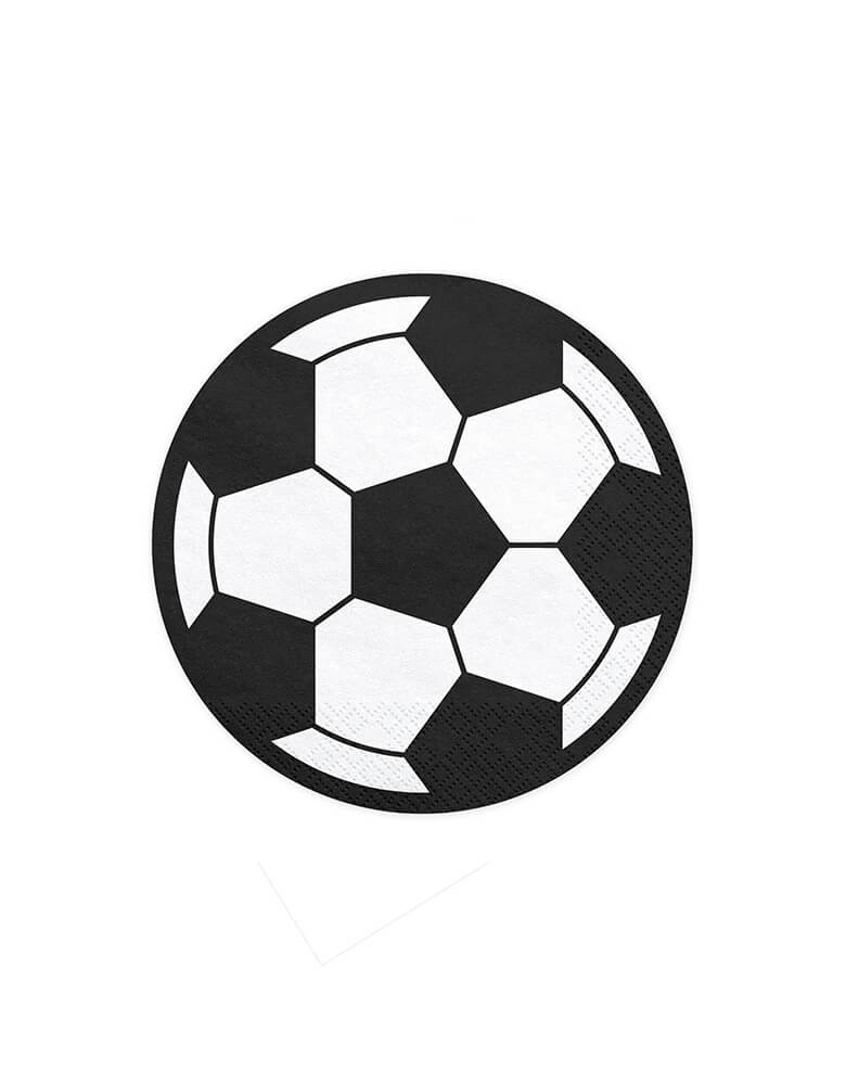 Party deco's 5.3" soccer ball shaped napkins in classic black and whitel perfect for a soccer themed birthday or a watching party.