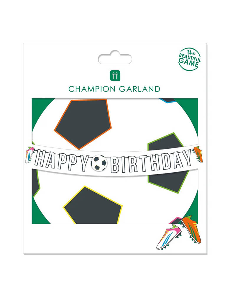 This Momo Party's Happy Birthday garland by Talking Tables is perfect for celebrating soccer fans. With black and white lettering, set off by the touch of bright color in the soccer cleats, this soccer birthday decoration can be paired with our matching napkins and plates or those of your favorite teams.