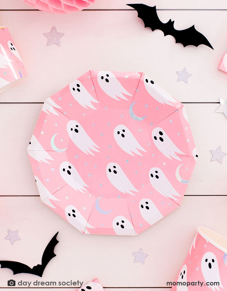 Daydream Society Spooked Small Plates featuring modern ghost and moon illustrations on a bright neon pink background perfect for a pink Halloween party