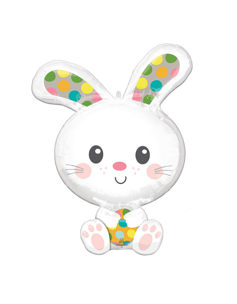 Anagram Balloons - 42353 Spotted Bunny SuperShape™ XL® P35. This 29 inches Spotted Bunny Foil Balloon, Featuring a cute sitting white bunny holding a polka dots pattern easter egg and with colorful polka dots pattern on it ears, Celebrate Easter with this cute spotted Easter bunny foil balloon.