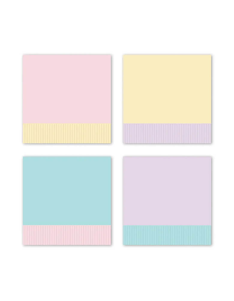 Momo Party's 5" x 5" spring fringe napkins by My Mind's Eye. Come in a set of 24 napkins in 4 colors of pink, mint, yellow and lilac. These napkins are perfect for a spring themed party or an Easter celebration.
