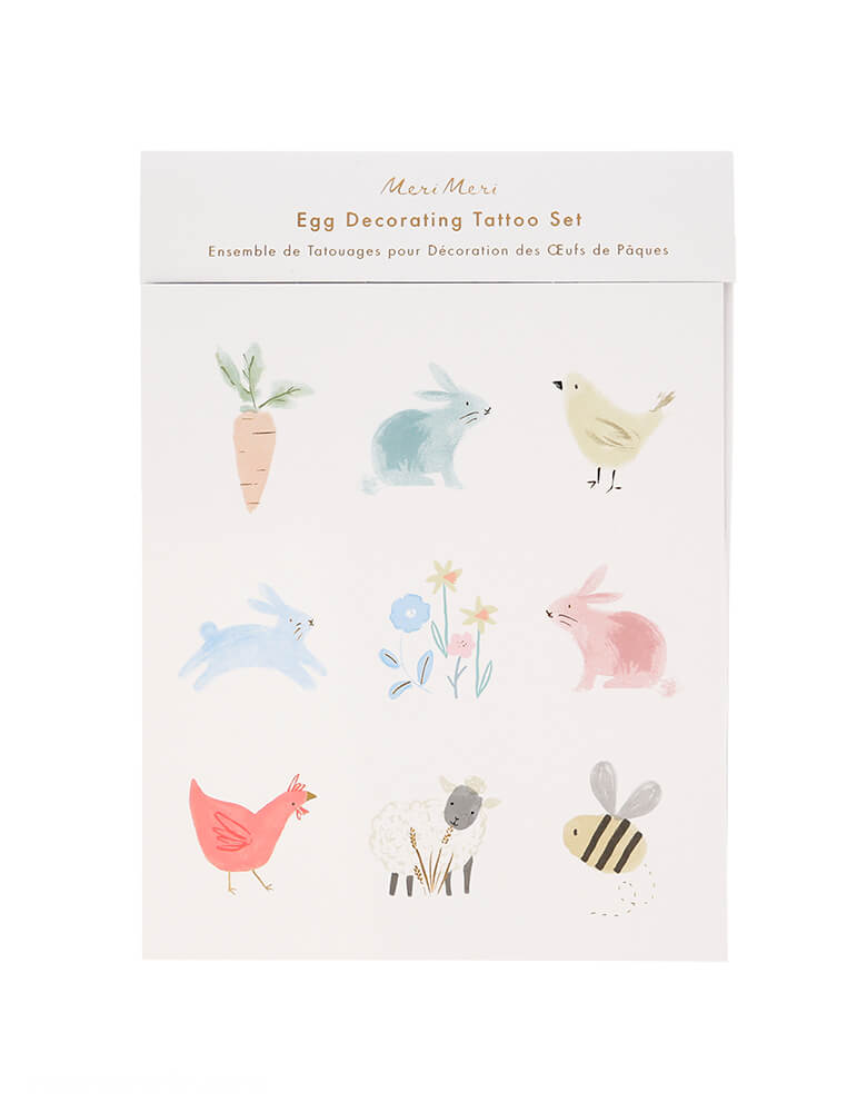 Meri Meri Spring Bunny Egg Decorating Tattoo Kit. These adorable tattoos featuring 3 sheets in each kit, 27 tattoos in total with 9 darling water color designs of bunnies, carrots, flowers, birds and bees character. decorating them on your eggs, Make your Easter eggs look amazing this year's Easter day, easter party