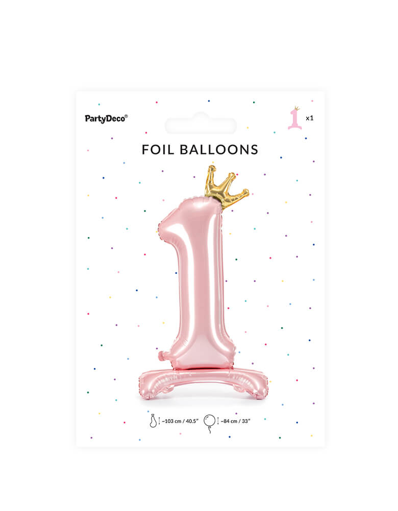 Package of Standing Number 1 Pastel Pink Foil Balloon by Party Deco. This beautiful pastel pink number 1 standing foil balloon with a little crown is going to be a showstopper at your baby first birthday party! It's a great way mark your little princess' big milestone!