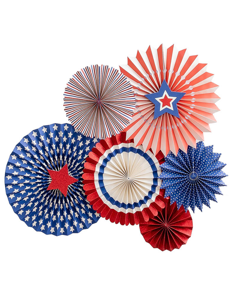 SSP801  Stars & Stripes Party Fans by My Minds Eye. Be the hit of the Independence Day Parade with these red, cream, and blue party fans with red glitter accents. Set of 6 fans pictured:  1 - 17", 2 -14", 2 - 11" and 1 - 8" fan with Double-sided print, Red glitter accents, 3 decorative face plates