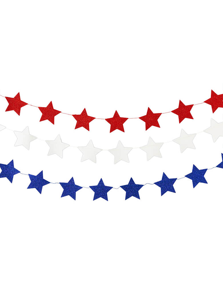 Stars and Stripes Star Mini Banner by My Mind's Eye. Included are red, white, and blue glitter star banners that are sure to add shimmer to your 4th of July gathering. This glittered banner set is terrific for pool side parties, patriotic front porch displays, or family cookouts!