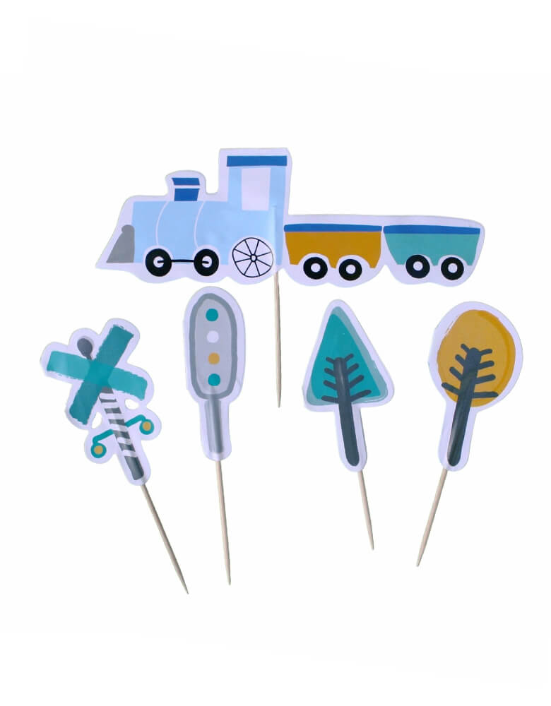 Steam Train Cupcake Toppers. Featuring colorful trees, railroad signs and a steam train, these toppers will make your train party the most stylish.