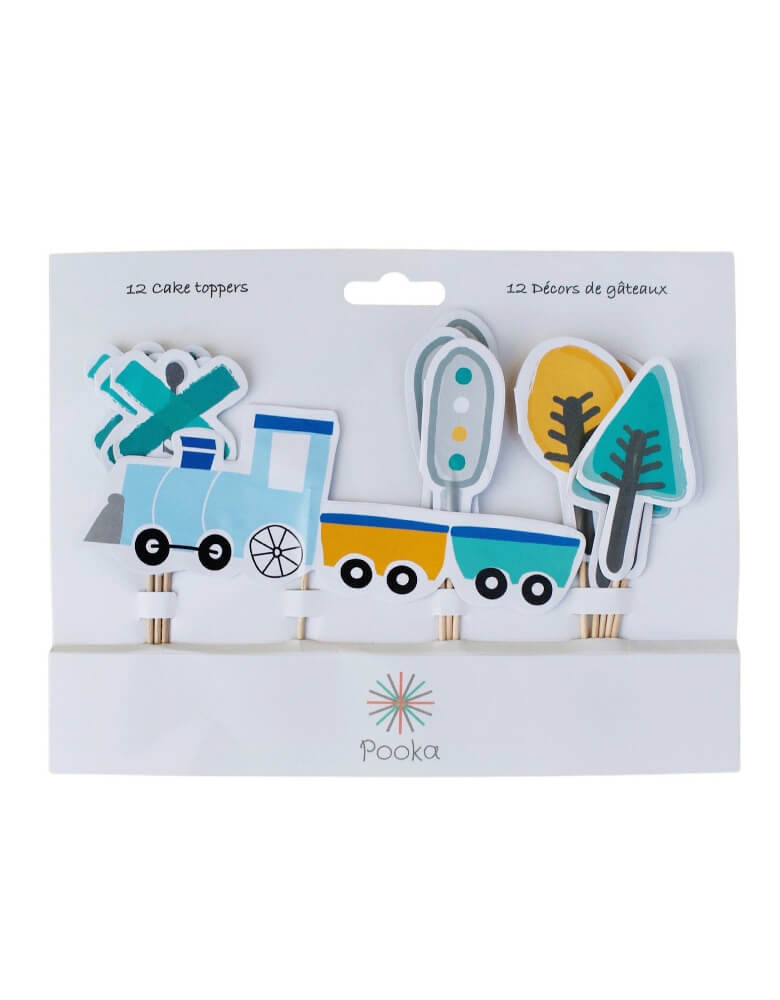 Pooka Party Steam Train Cupcake Toppers in a clear package. Featuring colorful trees, railroad signs and a steam train, these toppers will make your train party the most stylish.