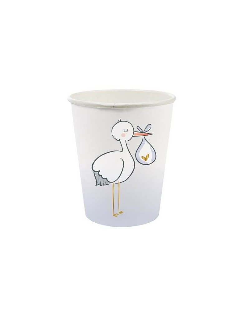 Slant Collection - Stork Party Cups.  Featuring a white stork carrying a white cloth bundle with heart on it print with embellished with gold foil. This high quality partyware is perfect for for a Baby Shower, gender reveal party, baby boy shower and baby girl shower