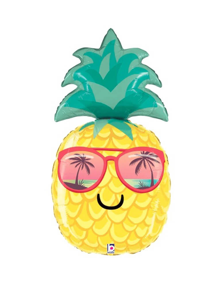 Betallic 37" Pineapple Shaped Foil Balloon with sunglasses and reflection of palm trees, perfect for a fun summer party or tropical themed celebration